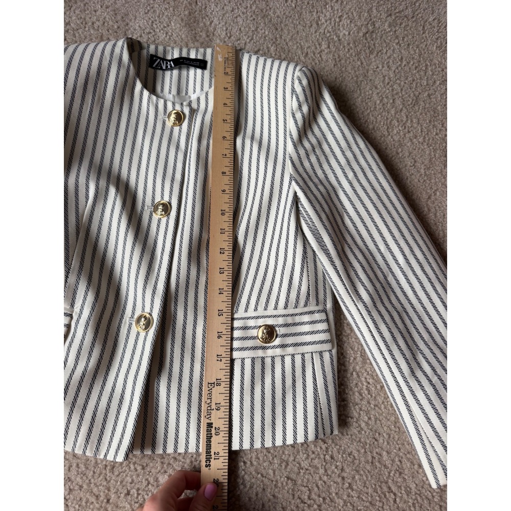 Zara Blazer Cropped Striped Gold Button Nautical Cream Navy Medium - Picture 5 of 9